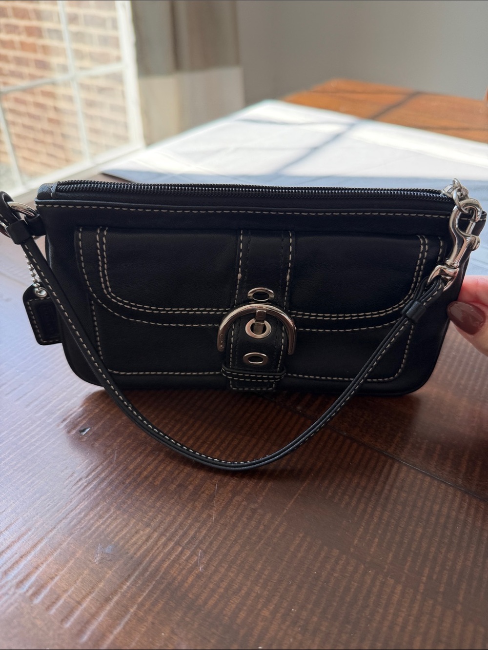 Coach Black Leather Wristlet with White Contrast Stitching